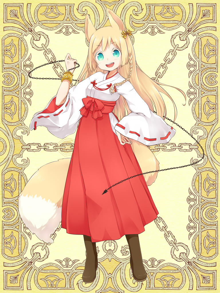 1girl, :d, animal_ears, aqua_eyes, blonde_hair, boots, braid, brown_footwear, chains, fang, fox_ears, fox_tail, full_body, hair_ornament, hand_on_hip, high-waist_skirt, japanese_clothes, kerberos_blade, long_hair, looking_at_viewer, magamoto, miko, open_mouth, red_skirt, single_braid, skirt, smile, solo, tail, toono_kuzuha