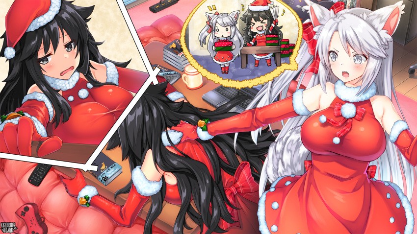 >_<, 2girls, blush, blush_stickers, book, breasts, chibi, controller