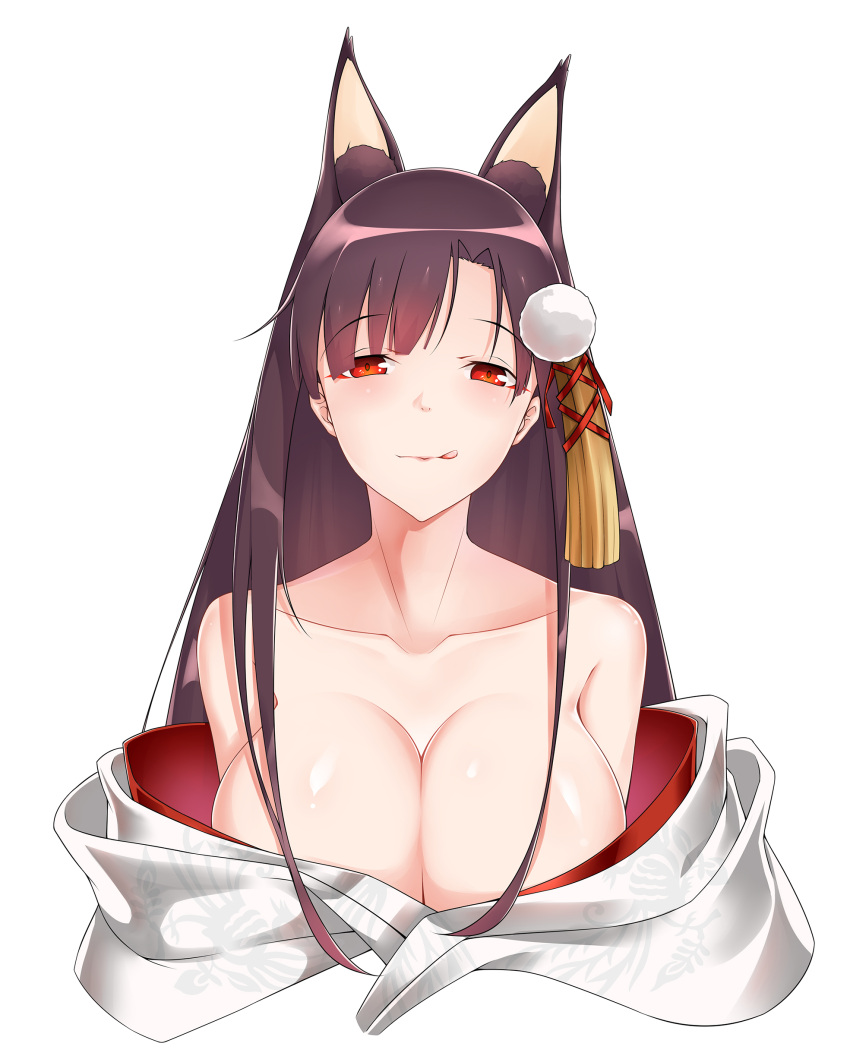 1girl, :q, absurdres, akagi_(azur_lane), animal_ears, azur_lane, bare_shoulders, breasts