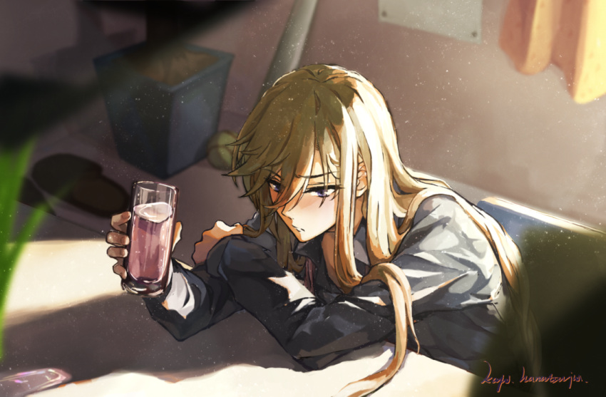 1boy, baconlost, baseball, baseball_bat, blonde_hair, cup, drinking_glass, grey_eyes