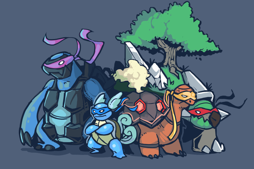 bummerdude, carracosta, claws, closed_mouth, commentary, cosplay, creature, crossed_arms, crossover, donatello, donatello_(cosplay), gen_1_pokemon, gen_3_pokemon, gen_4_pokemon, gen_5_pokemon, grey_background, highres, leonardo, leonardo_(cosplay), michelangelo, michelangelo_(cosplay), no_humans, pokemon, pokemon_(creature), raphael, raphael_(cosplay), simple_background, smoke, standing, teenage_mutant_ninja_turtles, torkoal, torterra, trait_connection, tree, wartortle