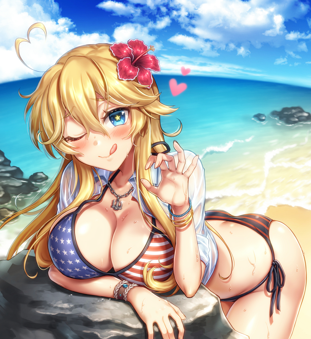 1girl, ;q, ahoge, alternate_costume, american_flag_bikini_top, anchor_necklace, arm_support, ass, bangle, bangs, beach, bent_over, bikini, blonde_hair, blue_eyes, blush, bracelet, breasts, butt_crack, cleavage, closed_mouth, collarbone, eyebrows_visible_through_hair, fisheye, flower, glint, hair_flower, hair_ornament, heart, heart_ahoge, hibiscus, horizon, iowa_(kantai_collection), jewelry, kantai_collection, large_breasts, long_hair, looking_at_viewer, mika_(1020mk), mismatched_bikini, necklace, ocean, one_eye_closed, open_clothes, open_shirt, pearl_bracelet, pendant, raised_eyebrows, rock, see-through, shiny, shiny_hair, shirt, short_sleeves, side-tie_bikini, sidelocks, smile, solo, star, star-shaped_pupils, star_print, striped_bikini_bottom, sweat, swimsuit, symbol-shaped_pupils, tongue, tongue_out, water, wet, wet_clothes, wet_shirt, white_shirt, wristband