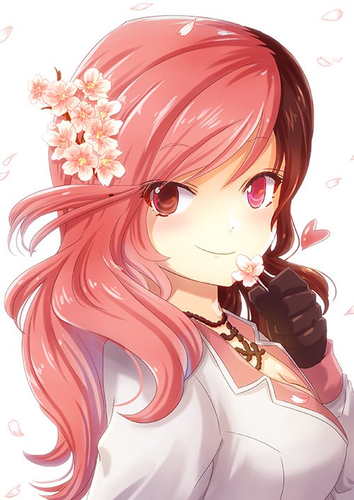 1girl, brown_eyes, brown_hair, flower, hair_flower, hair_ornament, heterochromia, jewelry