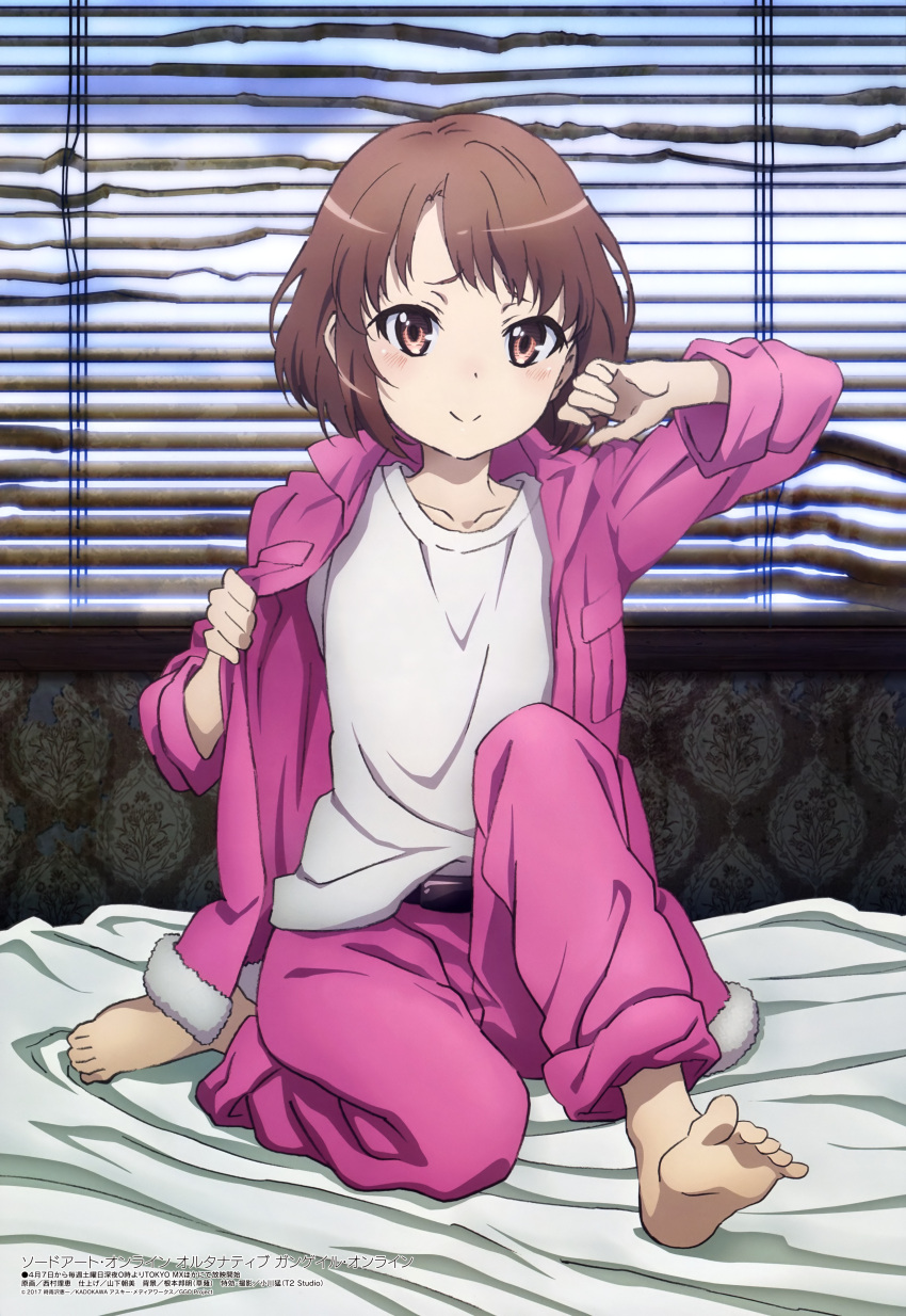 1girl, absurdres, barefoot, bed_sheet, belt, blush, brown_eyes, brown_hair