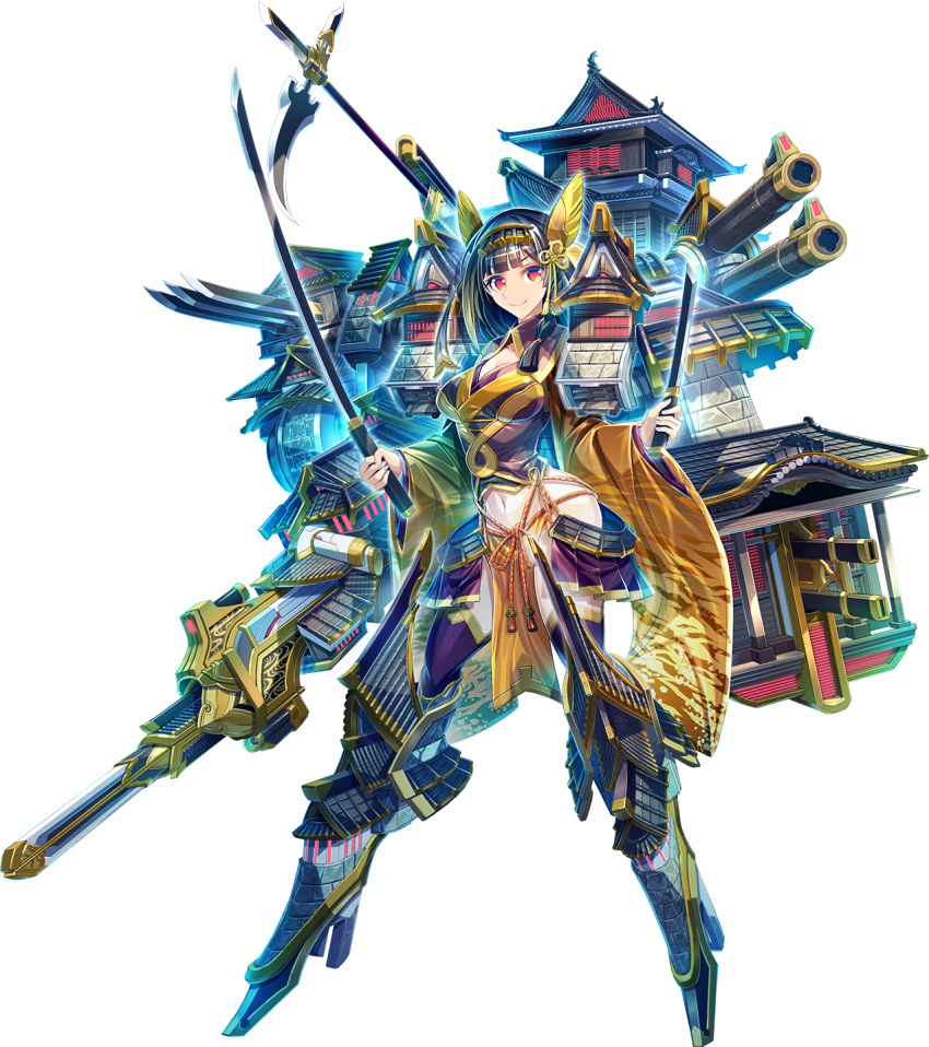 1girl, architecture, black_hair, breasts, castle, cleavage, dual_wielding, east_asian_architecture