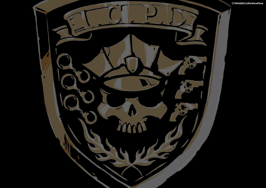 badge, black_background, cuffs, gun, handcuffs, handgun, inferno_cop, no_humans