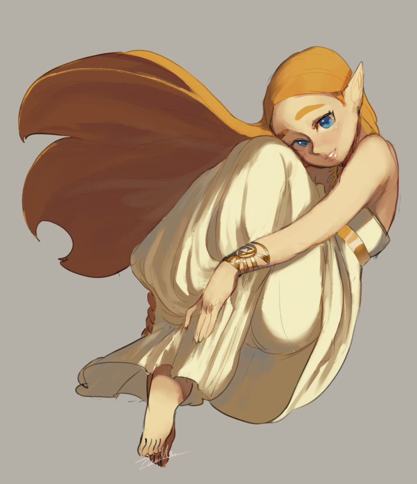 1girl, barefoot, blonde_hair, blue_eyes, blush, bracelet, dress, floating