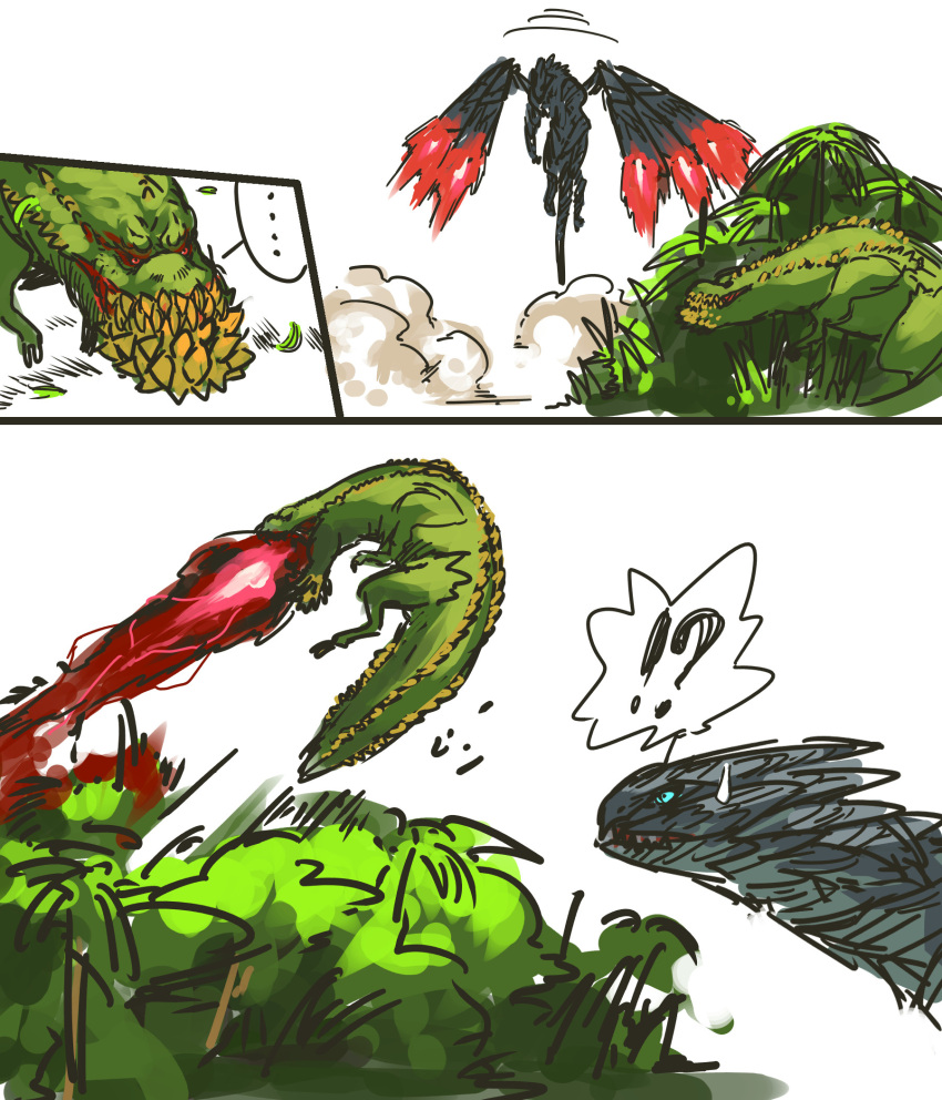 !?, ..., barufaruku, blue_eyes, comic, deviljho, dinosaur, dragon, energy_beam, flying, highres, looking_at_another, monster_hunter, monster_hunter_xx, nameo_(judgemasterkou), no_humans, outdoors, red_eyes, scales, sharp_teeth, silent_comic, spoken_ellipsis, sweatdrop, teeth, tree