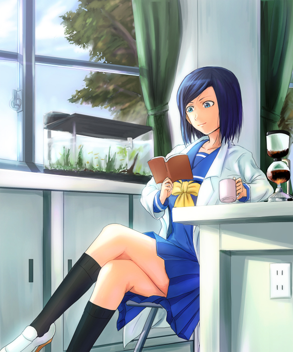 1girl, bad_proportions, black_legwear, blue_eyes, blue_hair, blue_skirt, blue_sky, book