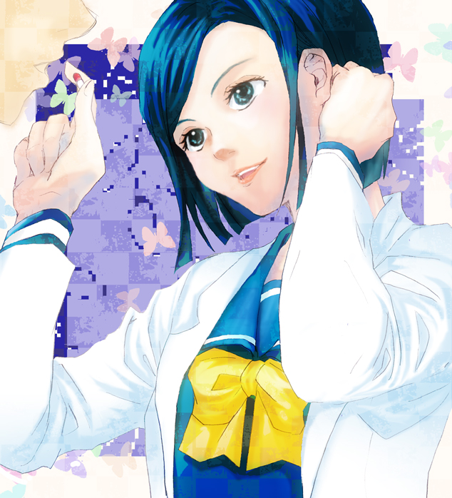 1boy, 1girl, adjusting_hair, blue_eyes, blue_hair, bow, butterfly, eye_contact
