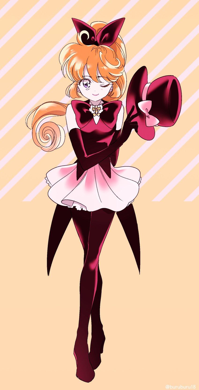 1girl, absurdres, artist_name, black_gloves, black_legwear, bow, bowtie, brown_hair