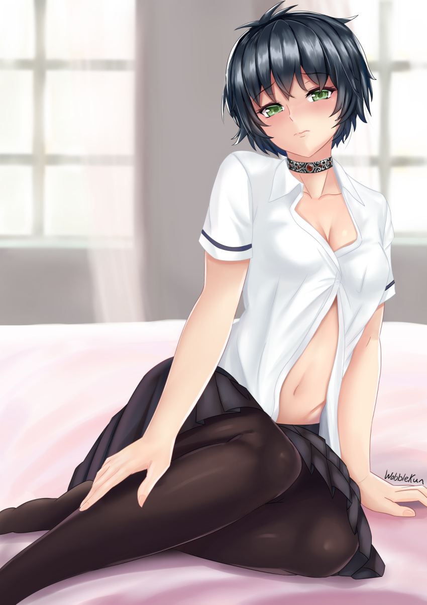 1girl, bed_sheet, black_hair, black_legwear, black_skirt, blush, choker, collarbone, eyebrows_visible_through_hair, green_eyes, highres, navel, no_bra, on_bed, original, pantyhose, plaid, plaid_skirt, shirt, short_hair, short_sleeves, sitting, sitting_on_bed, skirt, solo, white_shirt, window, wobblekun