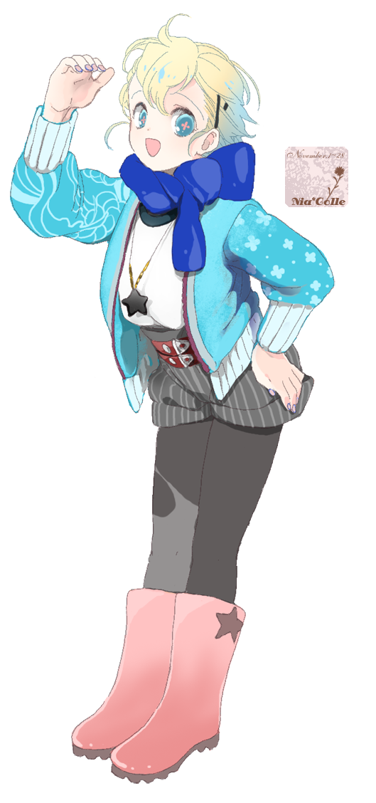 bad_id, belt, blonde_hair, boots, fashion, hair_ornament, hairclip, hairpin