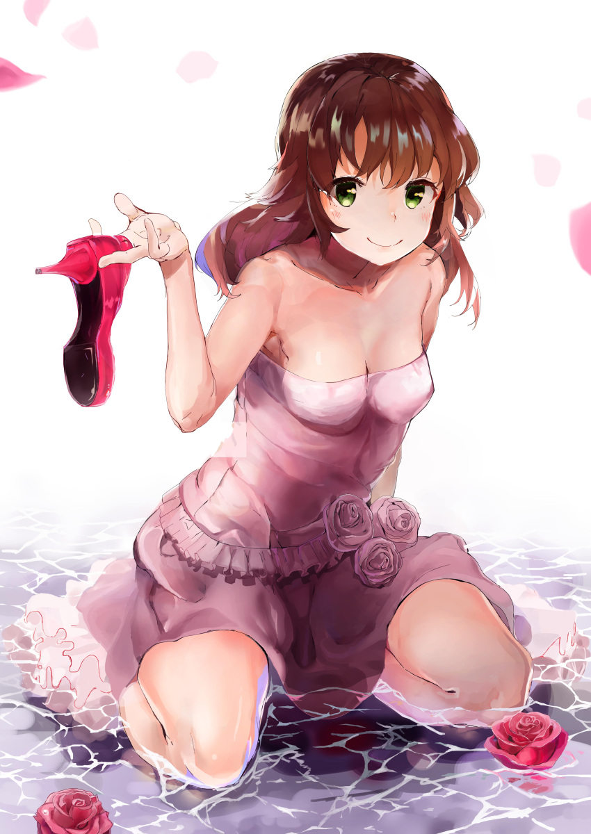 1girl, absurdres, bare_shoulders, blush, breasts, brown_hair, cleavage, doyagao, dress, flower, green_eyes, hand_up, high_heels, highres, kneeling_on_water, looking_at_viewer, original, pink_dress, red_footwear, rose, sado_(hi6231551), shoes_removed, small_breasts, smile, smug