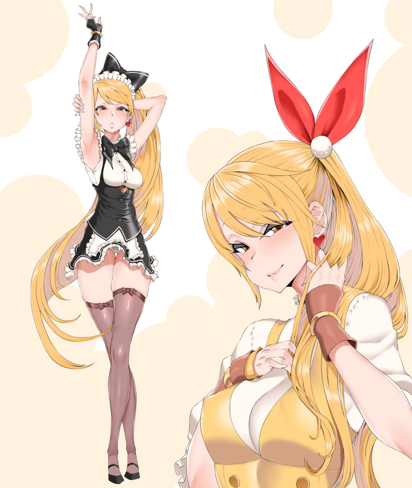 1girl, absurdres, apron, arm_behind_head, arm_grab, arm_up, armpits, bangs, bare_arms, bare_shoulders, black_bow, black_dress, black_footwear, black_gloves, black_neckwear, blonde_hair, bow, bow_legwear, bowtie, breasts, brown_bow, brown_legwear, buttons, closed_mouth, collarbone, commentary_request, covered_nipples, dress, earrings, eyebrows, eyebrows_visible_through_hair, eyelashes, fingerless_gloves, frilled_apron, frilled_skirt, frilled_sleeves, frills, full_body, gloves, hair_between_eyes, hair_bow, half-closed_eyes, hand_on_own_chest, hands_up, heart, heart_earrings, high_heels, highres, jewelry, legs_crossed, long_hair, looking_at_viewer, maid, maid_apron, maid_headdress, medium_breasts, multiple_views, norn_(overhit), open_mouth, overhit, panties, pantyshot, pantyshot_(standing), pink_lips, ponytail, shirt, short_dress, short_sleeves, skindentation, skirt, sleeveless, sleeveless_dress, smh1069, smile, solo, standing, teeth, thigh_gap, underwear, upskirt, very_long_hair, vest, waist_apron, watson_cross, white_apron, white_panties, white_shirt, yellow_eyes
