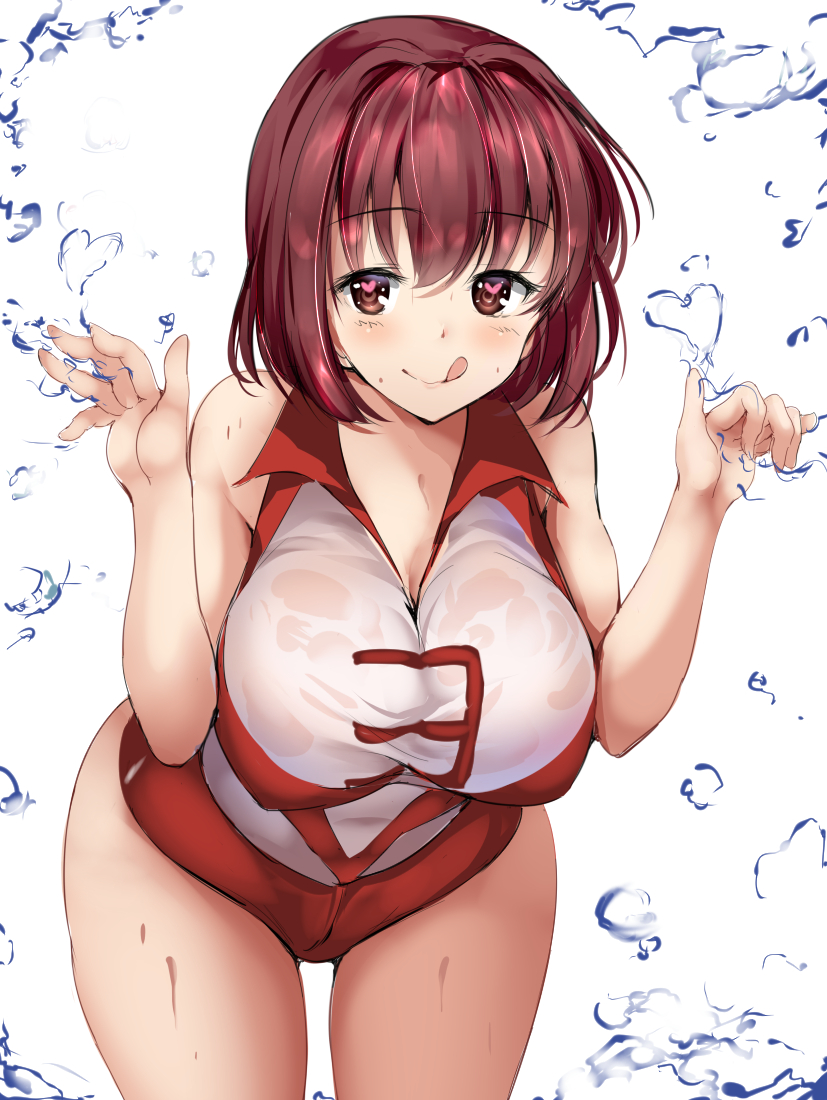 1girl, :q, bangs, breasts, brown_eyes, brown_hair, buruma, clenched_hand