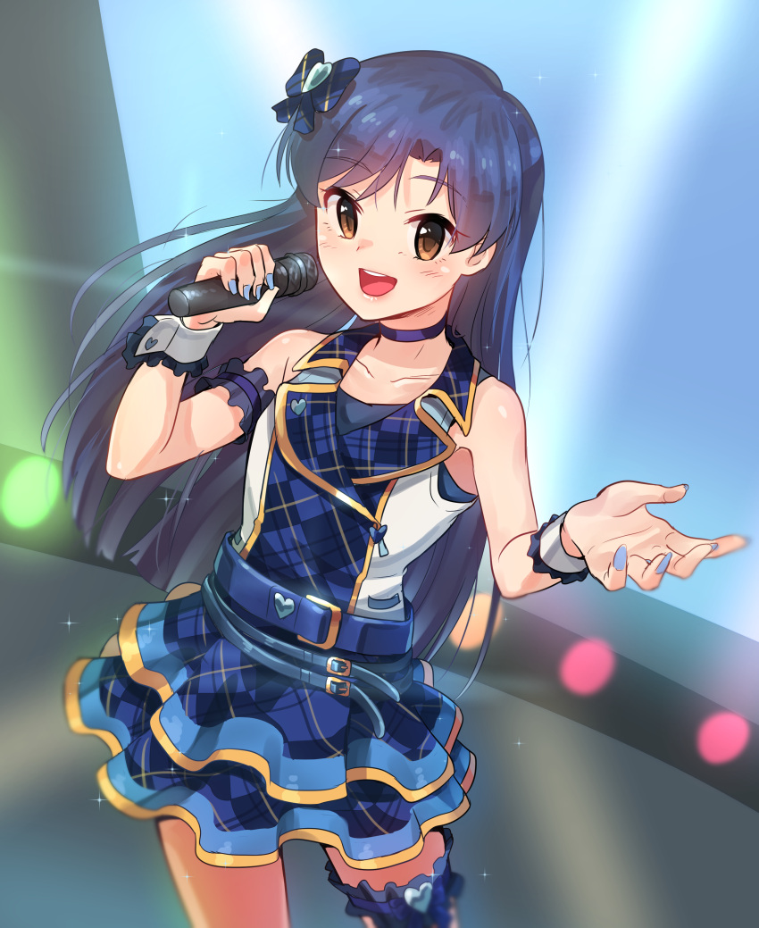 1girl, absurdres, belt, blue_bow, blue_hair, blue_nails, blue_skirt, blush