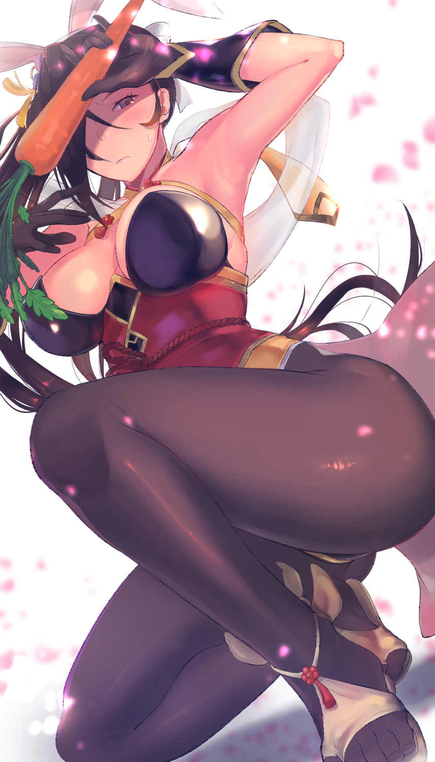 1girl, animal_ears, armpits, black_eyes, black_gloves, black_hair, black_legwear, blush, breasts, bunny_girl, bunnysuit, carrot, cleavage, dutch_angle, embarrassed, fire_emblem, fire_emblem_heroes, fire_emblem_if, gloves, hair_ornament, hair_over_one_eye, highres, kagerou_(fire_emblem_if), kneeling, large_breasts, long_hair, looking_at_viewer, one_knee, pantyhose, petals, rabbit_ears, sandals, solo, sweatdrop, tanakananataka3, white_background