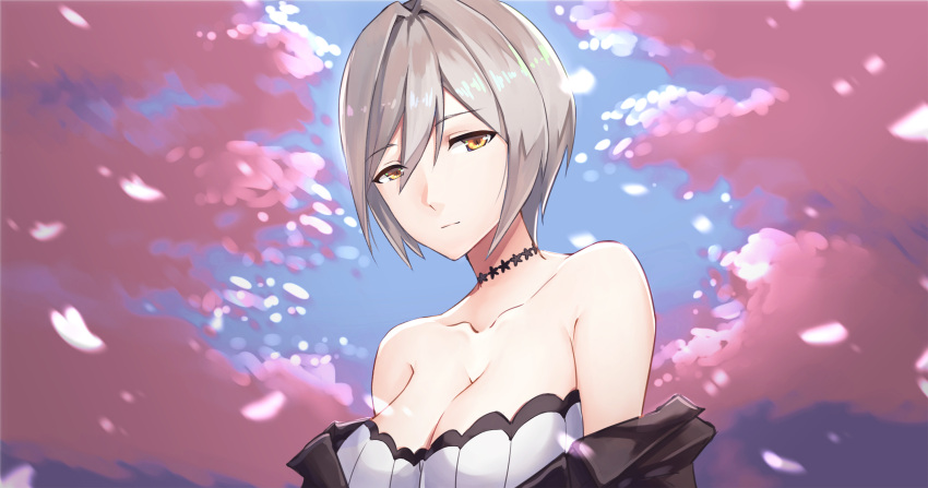 1girl, akatsuki_suzumi, ballista_(girls_frontline), bangs, bare_arms, bare_shoulders, black_jacket, blouse