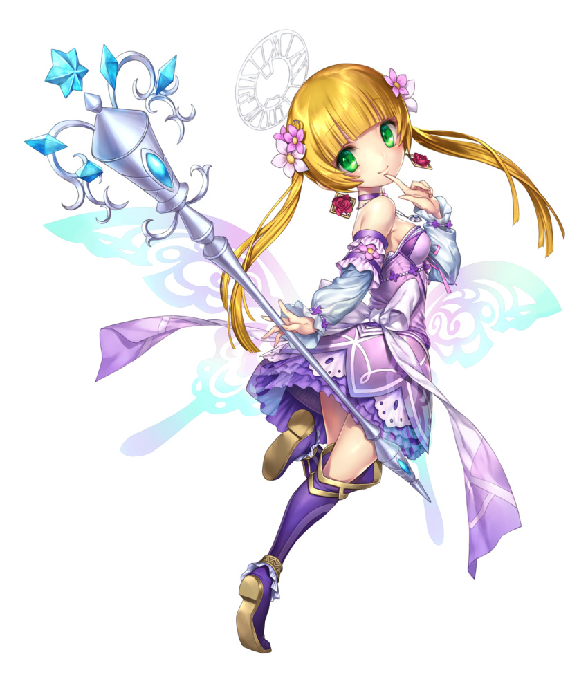 1girl, bangs, bare_shoulders, blonde_hair, blunt_bangs, boots, breasts, butterfly_wings, character_request, choker, commentary_request, detached_sleeves, dress, dress_bow, earrings, emil_chronicle_online, eyebrows_visible_through_hair, finger_to_mouth, flower, frilled_ankle_cuffs, frilled_dress, frills, green_eyes, hair_flower, hair_ornament, highres, holding, holding_staff, jewelry, knee_boots, long_hair, long_sleeves, looking_at_viewer, nakasaki_hydra, necklace, purple_dress, purple_footwear, purple_legwear, simple_background, solo, staff, standing, standing_on_one_leg, straight_hair, transparent_background, wings