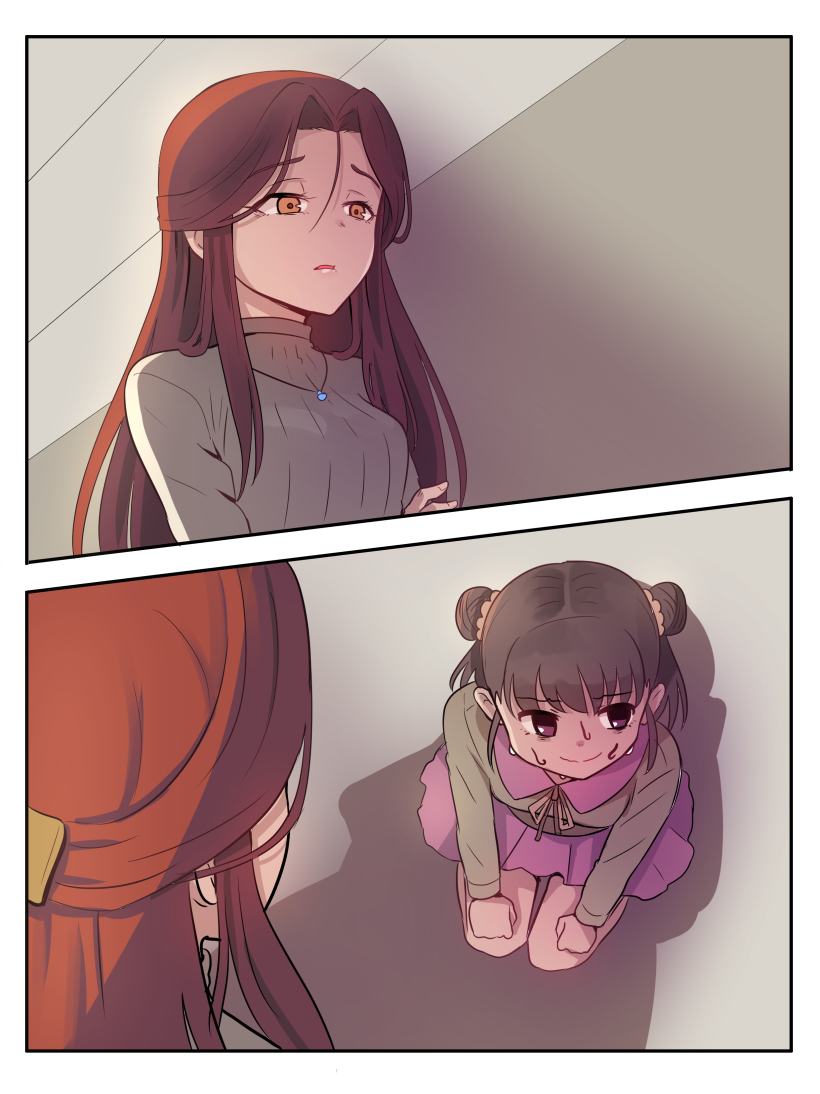 2girls, breasts, brown_eyes, brown_hair, closed_mouth, death_flag, double_bun, eyebrows_visible_through_hair