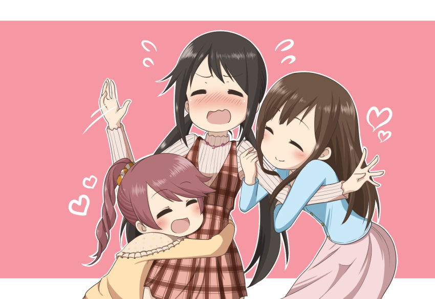 3girls, arm_hug, bangs, black_hair, blue_shirt, blush, brown_hair, closed_eyes