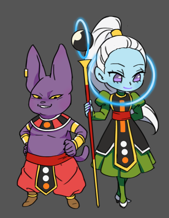 1boy, 1girl, arm_behind_back, champa_(dragon_ball), dragon_ball, dragon_ball_super, dress, egyptian_clothes