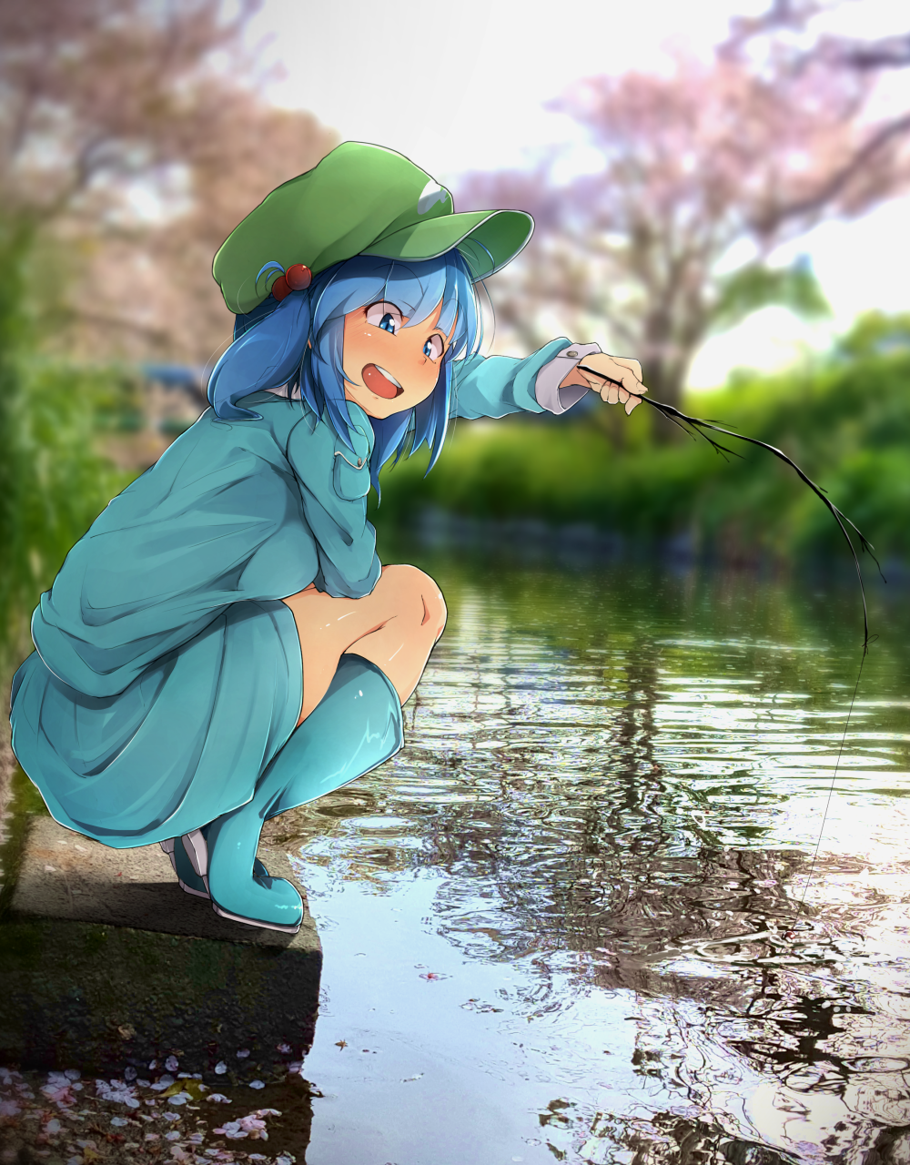 1girl, bangs, bent_knee, blue_eyes, blue_footwear, blue_hair, blue_shirt, blue_skirt