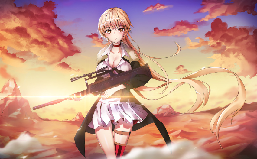 1girl, absurdres, ag, bangs, black_coat, black_gloves, blonde_hair, blush, braid, breasts, brown_eyes, bullpup, choker, cleavage, closed_mouth, clouds, coat, collared_shirt, desert, dust, dust_cloud, evening, expressionless, eyebrows_visible_through_hair, floating_hair, fur-trimmed_coat, fur_trim, garter_straps, girls_frontline, gloves, gun, highres, holding, holding_gun, holding_weapon, large_breasts, long_hair, looking_at_viewer, ots-14, ots-14_(girls_frontline), pleated_skirt, red_choker, rifle, shirt, single_thighhigh, skirt, sleeves_folded_up, solo, sunset, thigh-highs, thighs, very_long_hair, weapon, wind, wind_lift, yellow_eyes