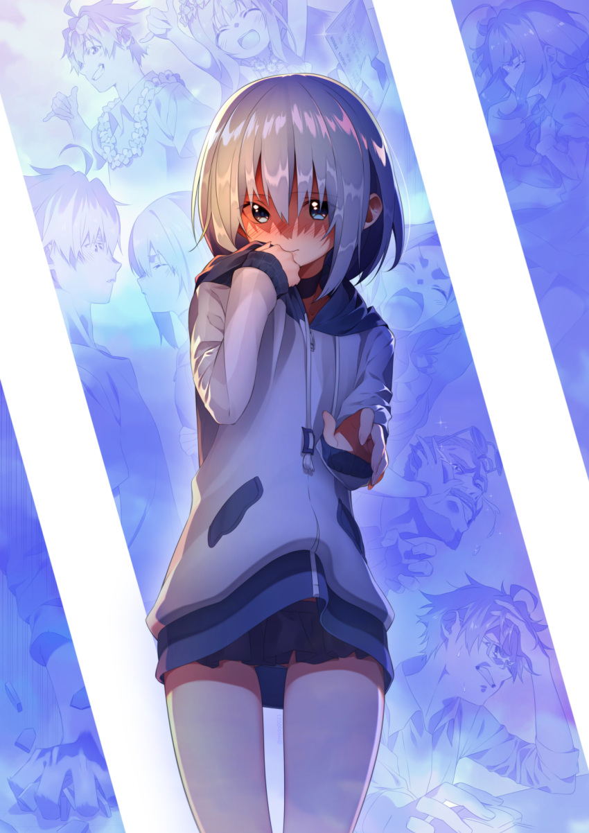 2boys, 3girls, :d, ^_^, ahoge, black_choker, blue_background, blue_eyes