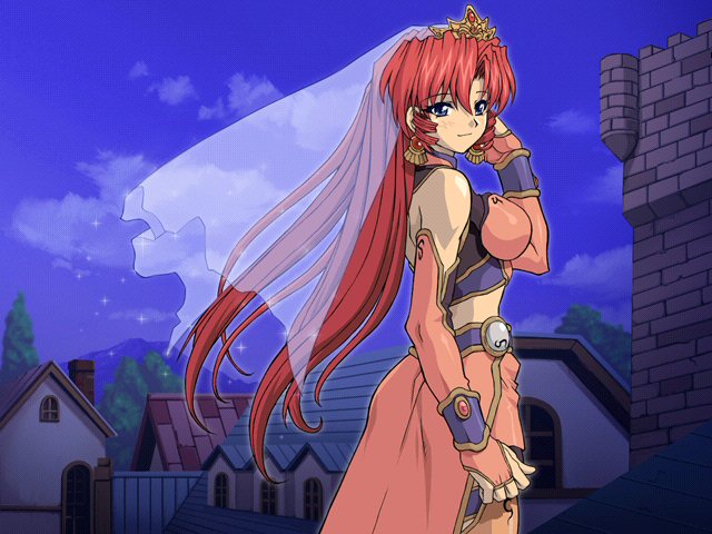 blue_eyes, brave_soul, crown, detached_sleeves, earrings, game_cg, jewelry, long_hair, looking_back, midriff, mogudan, night, outdoors, red_hair, redhead, ruby_(brave_soul), skirt, smile, standing, veil, very_long_hair