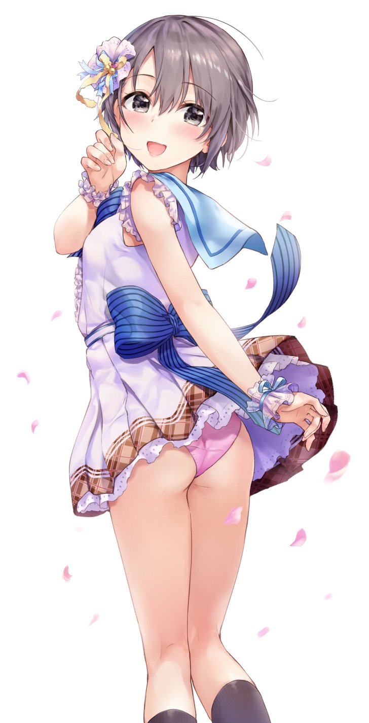 1girl, ass, black_legwear, blush, brown_hair, bvucki36gzoeq1c, cherry_blossoms, eyebrows_visible_through_hair