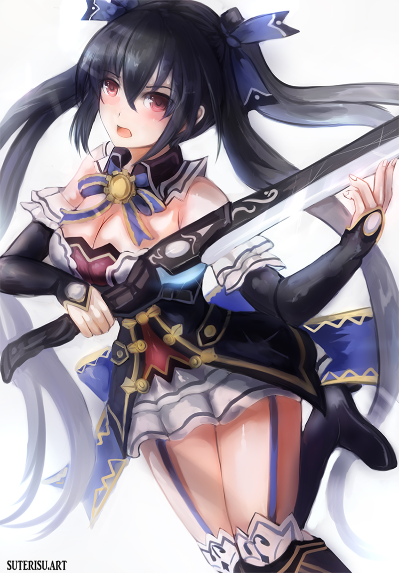 1girl, :o, bare_shoulders, black_hair, blush, boots, breasts, cleavage