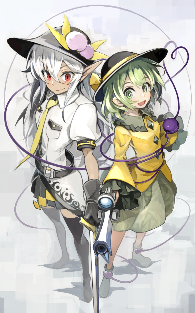 2girls, belt, black_footwear, black_gloves, black_hat, blouse, boots, bright_pupils