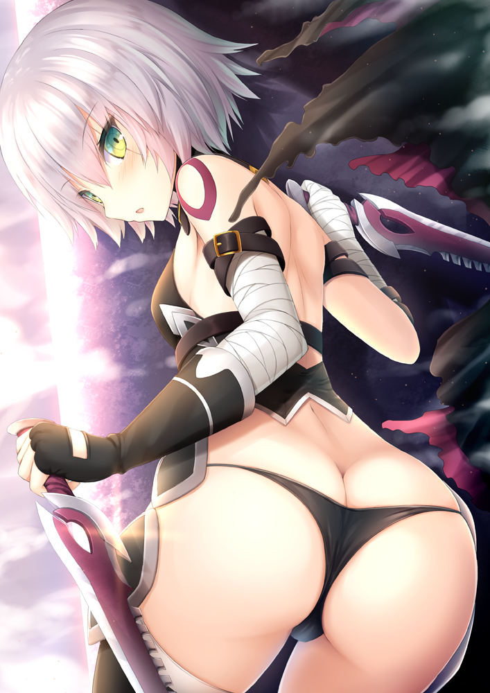 1girl, ass, bandage, bandaged_arm, black_gloves, black_legwear, black_panties, breasts