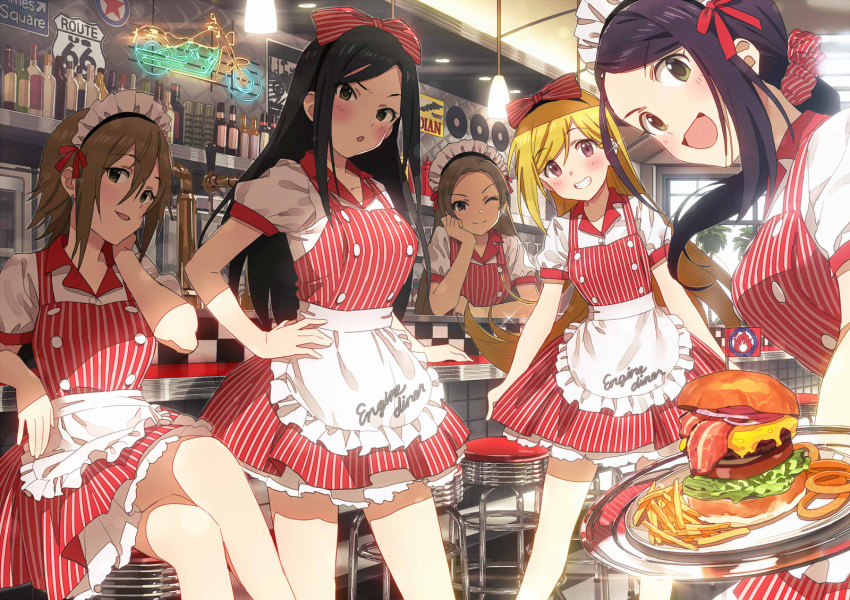 5girls, alternate_hairstyle, apron, arm_support, bar, bar_stool, beer_tap, black_hair