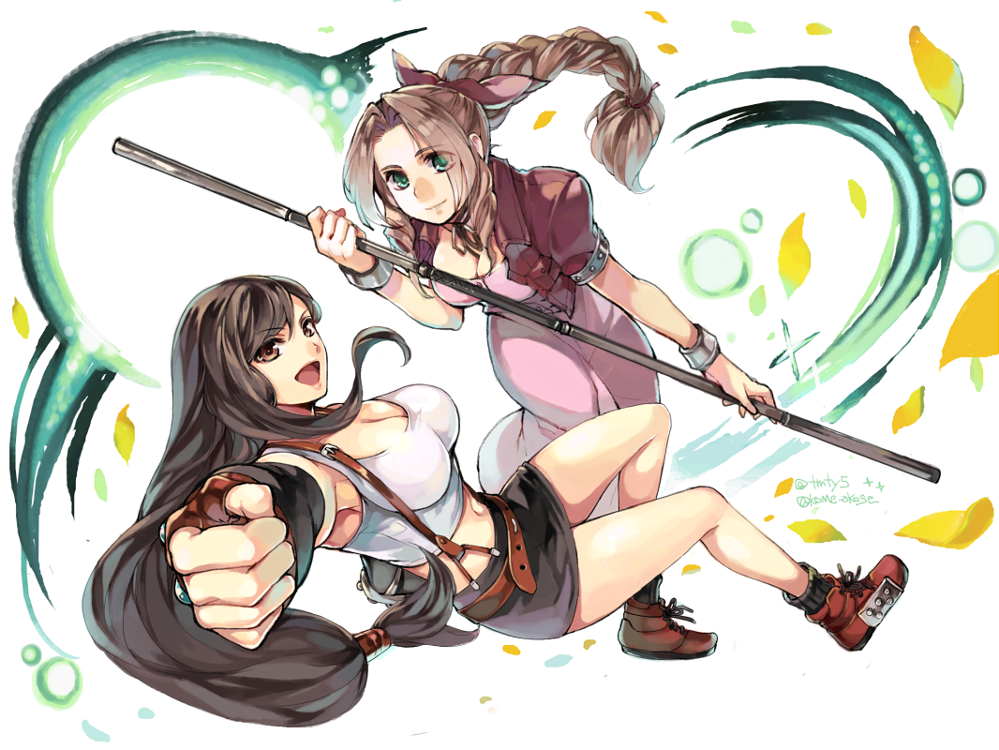 2girls, aerith_gainsborough, armpits, belt, black_skirt, bow, bracelet, braid, breasts, brown_hair, cleavage, closed_mouth, commentary_request, crop_top, cropped_jacket, dress, elbow_gloves, eye_visible_through_hair, eyebrows_visible_through_hair, final_fantasy, final_fantasy_vii, fingerless_gloves, full_body, gloves, green_eyes, hair_ribbon, holding, holding_staff, holding_weapon, large_breasts, lifestream, long_dress, long_hair, looking_at_viewer, low-tied_long_hair, medium_breasts, midriff, miniskirt, multiple_girls, navel, open_jacket, open_mouth, parted_bangs, pink_bow, pink_dress, ponytail, ribbon, single_braid, skirt, sleeveless, smile, socks, staff, suspenders, tama_(tmfy5), tank_top, tifa_lockhart, weapon, white_background, white_tank_top