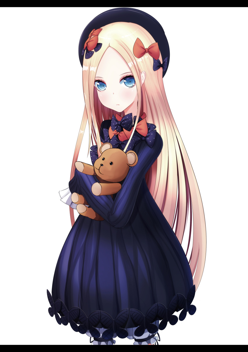 1girl, abigail_williams_(fate/grand_order), absurdres, bangs, black_bow, black_dress, black_hat, blonde_hair