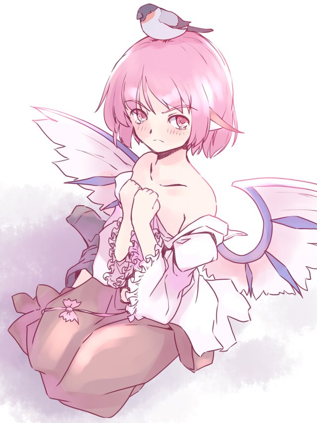 1girl, animal_ears, bare_shoulders, bird, black_legwear, blush, brown_skirt, closed_mouth