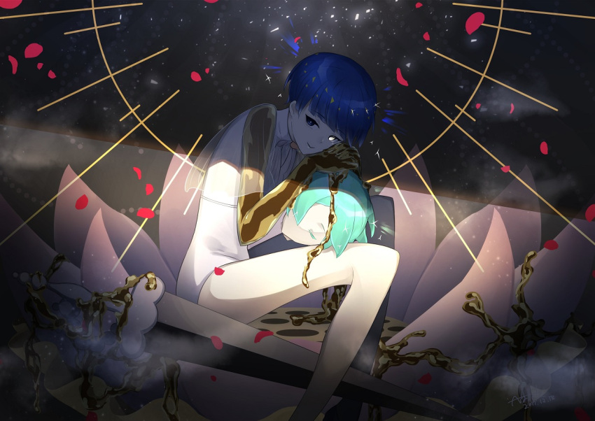 androgynous, aqua_hair, bangs, blue_eyes, blue_hair, blunt_bangs, disembodied_head, flower, glowing, glowing_eye, gold, golden_arms, green_hair, heterochromia, houseki_no_kuni, looking_at_viewer, lotus, nallck_6v6_(nothy-nn), phosphophyllite, phosphophyllite_(ll), see-through, short_hair, sitting, smile, sparkle, spoilers, sword, weapon, white_eyes