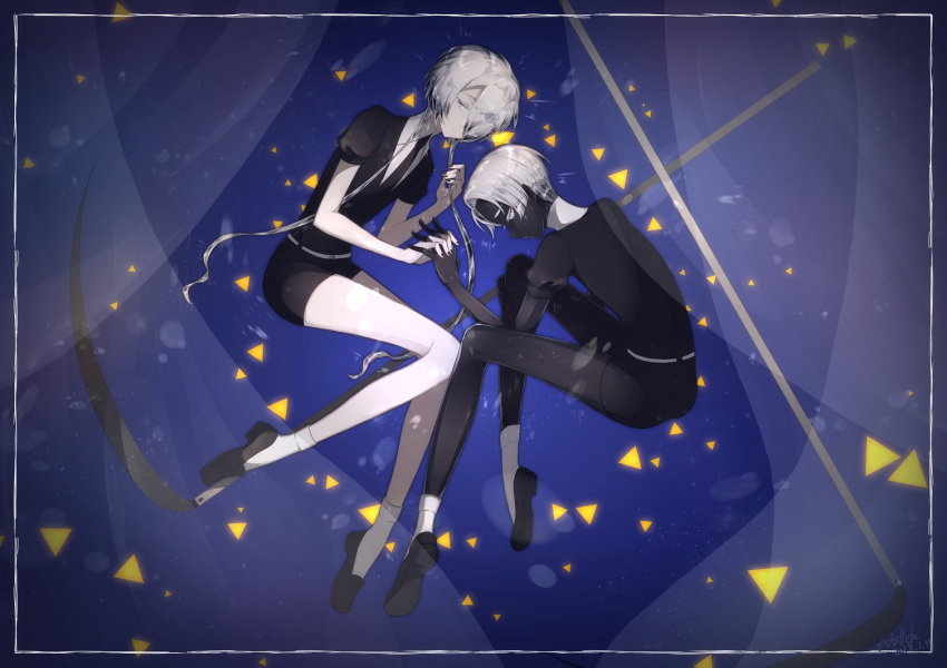 androgynous, black_skin, cairngorm_(houseki_no_kuni), gem_uniform_(houseki_no_kuni), ghost_quartz_(houseki_no_kuni), grey_eyes, grey_hair, hair_over_one_eye, hand_holding, houseki_no_kuni, interlocked_fingers, looking_at_viewer, nallck_6v6_(nothy-nn), necktie, scythe, short_hair, silver_hair, smile, spoilers, white_eyes, white_hair