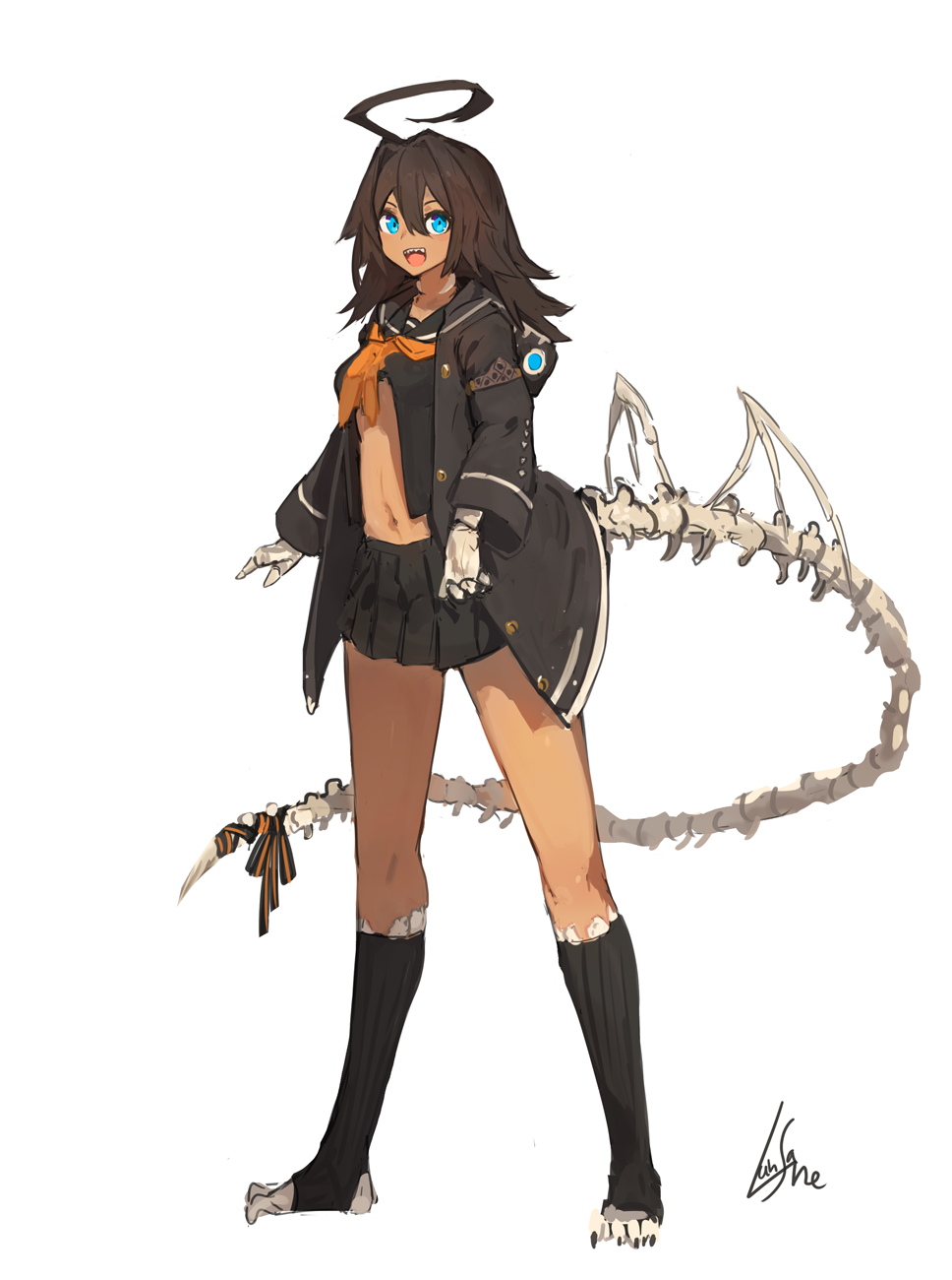 1girl, :d, ahoge, black_jacket, black_sailor_collar, black_shirt, black_skirt, blue_eyes, bone, brown_hair, claws, colho_(lansane), commentary_request, fangs, full_body, highres, jacket, lansane, long_hair, long_sleeves, looking_at_viewer, monster_girl, navel, neckerchief, open_clothes, open_mouth, open_shirt, orange_neckwear, original, pleated_skirt, ribbon, sailor_collar, school_uniform, serafuku, shirt, signature, simple_background, skirt, smile, solo, standing, tail, tail_ribbon, toeless_legwear, white_background, wings
