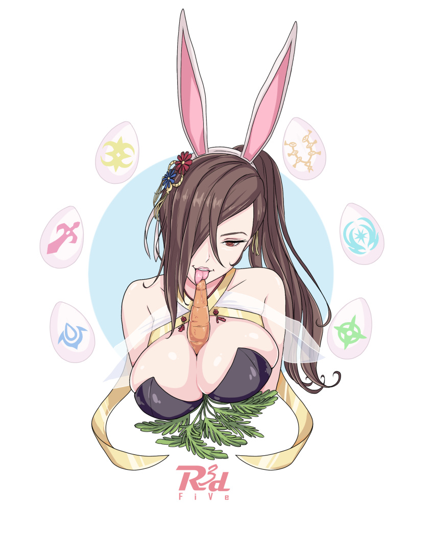 1girl, :p, animal_ears, bangs, bare_shoulders, between_breasts, breasts, brown_eyes
