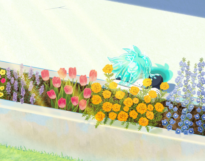 androgynous, aqua_hair, closed_eyes, colored_eyelashes, flower, head_rest, highres, houseki_no_kuni