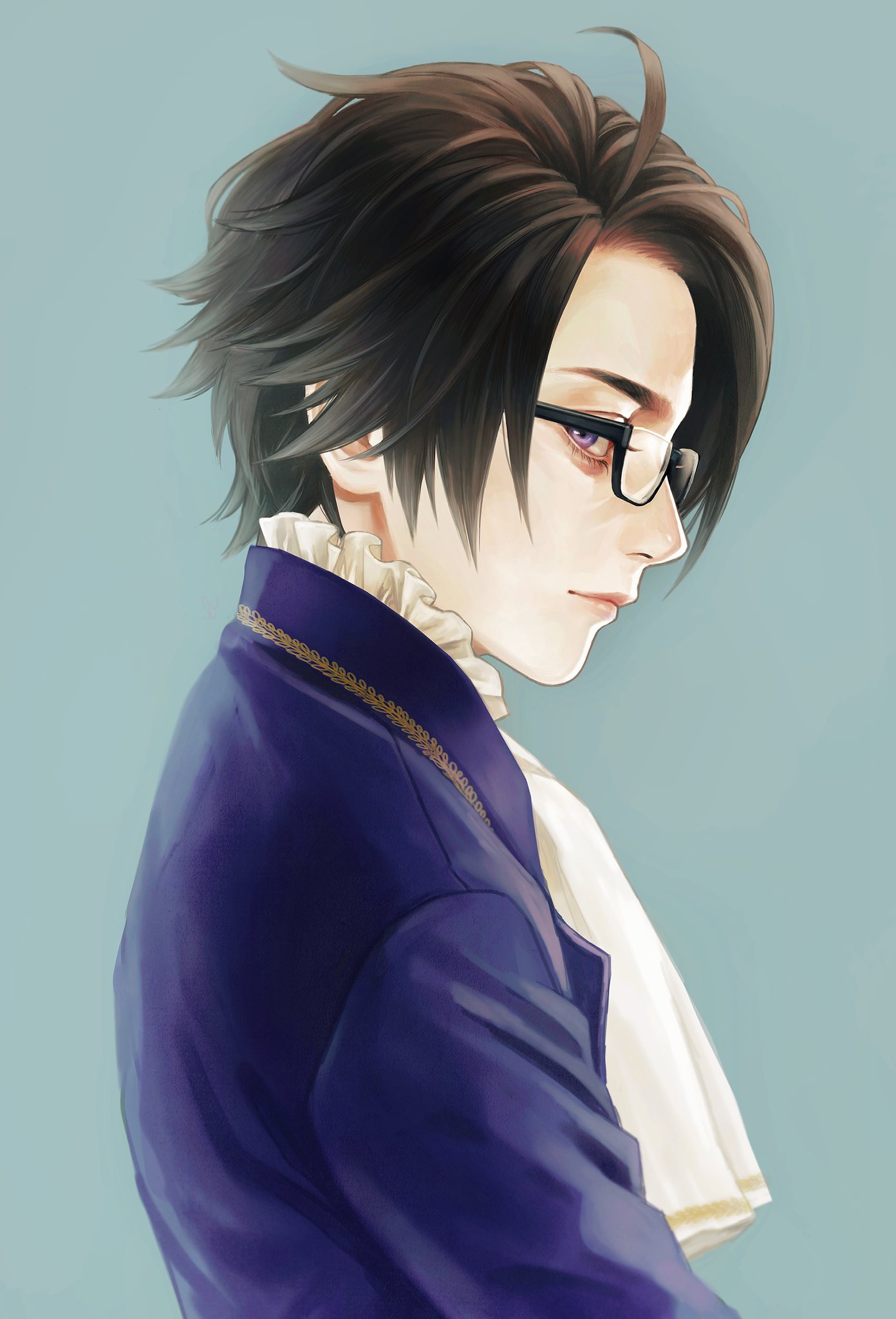 1boy, ahoge, black-framed_eyewear, brown_hair, closed_mouth, coat, commentary_request, cravat