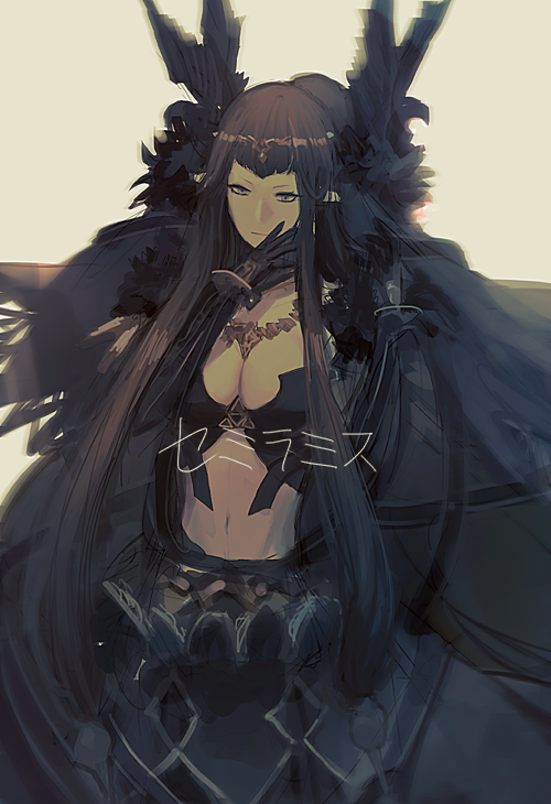 0bsessi0n, 1girl, bare_shoulders, black_dress, black_hair, breasts, cleavage, detached_sleeves