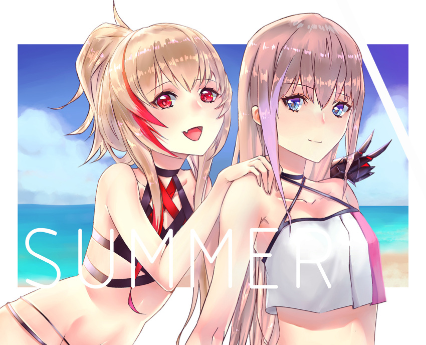 2girls, akatsuki_suzumi, alternate_costume, alternate_hairstyle, armpit_peek, bangs, bare_shoulders, beach