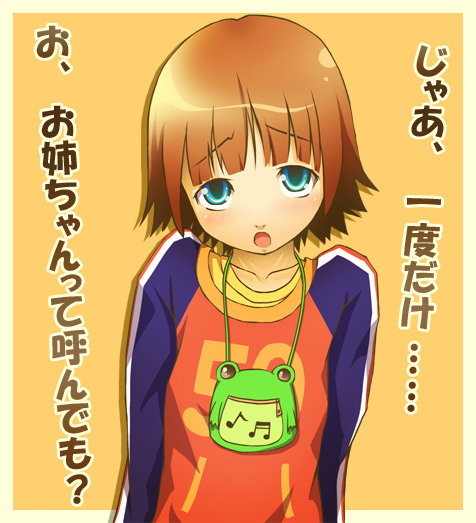 alternate_hairstyle, bag, blue_eyes, brown_hair, genderswap, idolmaster, raglan_sleeves, saji