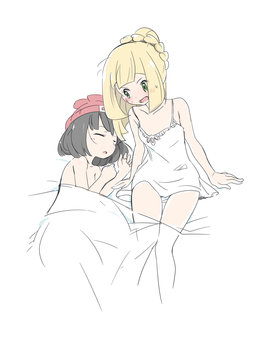 2girls, absurdres, beanie, black_hair, blonde_hair, blush, braid, closed_eyes