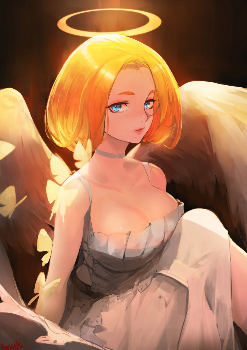 1girl, absurdres, angel_wings, artist_name, bamuth, blush, breasts, butterfly, cleavage, commentary, dress, feathered_wings, grey_choker, grey_dress, halo, highres, insect, large_breasts, looking_at_viewer, original, solo, white_wings, wings